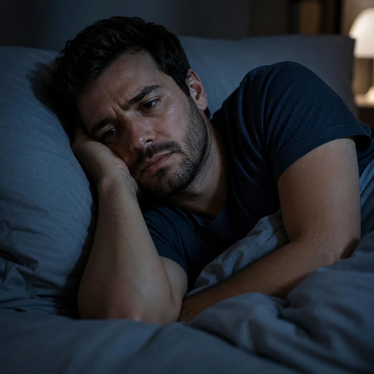 Homem acordado durante a noite sem conseguir dormir