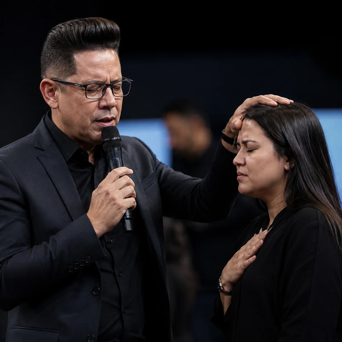 Bispo Bruno Leonardo orando por uma mulher